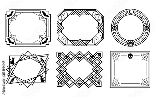 A set of six monochrome halloween frames featuring ghosts pumpkins spiders black cats potions skulls and creepy crawly web designs