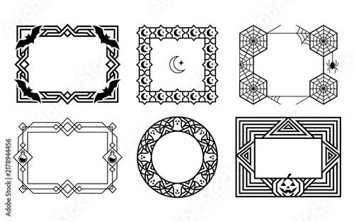 A set of six monochrome halloween frames and borders featuring classic spooky motifs like bats ghosts pumpkins and spiderwebs for seasonal designs