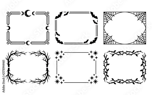 A set of six detailed black and white halloween frames with bats spiderwebs moons branches and sparkling starburst designs for spooky occasions