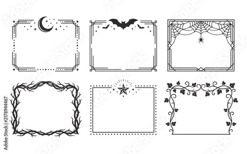 A set of six beautifully detailed black frames with halloween and mystical design elements perfect for various creative projects and decorative applications