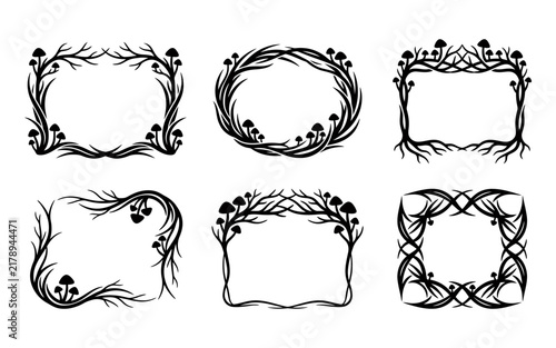 A set of six elegant black frames featuring detailed mushroom illustrations and beautifully intertwined branches set against a clean white backdrop