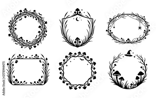 A set of six monochrome botanical frames with mushrooms spiderwebs and witch hats perfect for spooky halloween themed graphic design projects