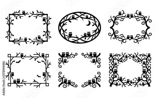An assortment of black owl silhouettes forming decorative frames and elements perfect for crafting unique designs and stylish invitation creations