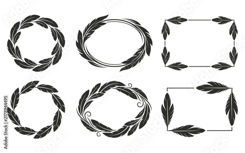A sophisticated assortment of black feather wreaths and frames perfect for adding decorative touches to vintage style designs and creative projects
