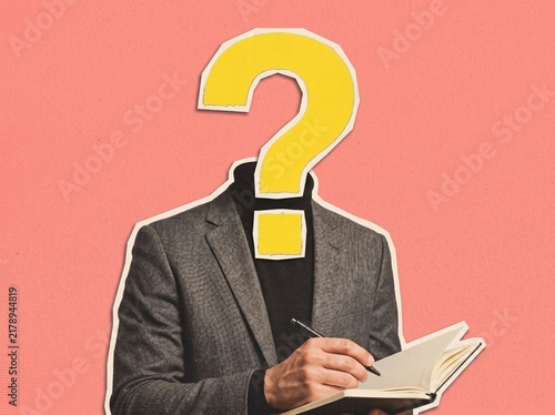 Surreal Collage of Businessman with Question Mark Head Writing in Notebook