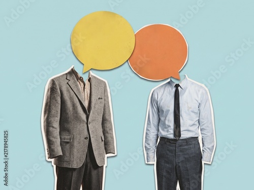Surreal Collage Art of Two Businessmen Communicating with Speech Bubble Heads