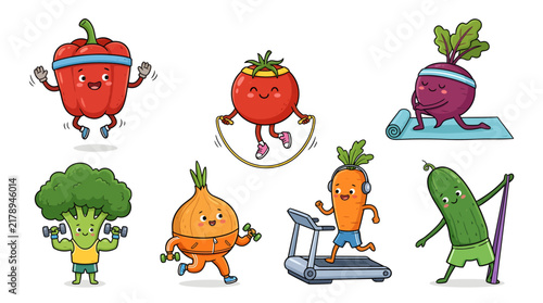 Playful anthropomorphic vegetable characters performing different fitness exercises in a colorful cartoon illustration