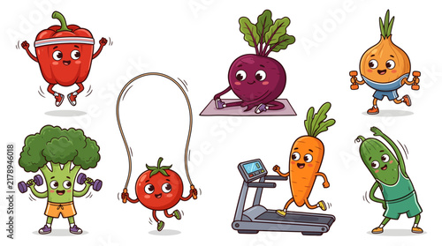Playful anthropomorphic vegetable characters performing different fitness exercises in a colorful cartoon illustration