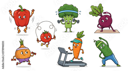 Playful anthropomorphic vegetable characters performing different fitness exercises in a colorful cartoon illustration