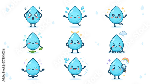 Playful collection of anthropomorphic water drop characters showing different emotions and movements for water conservation