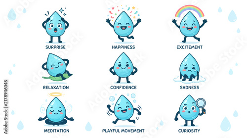 Playful collection of anthropomorphic water drop characters showing different emotions and movements for water conservation
