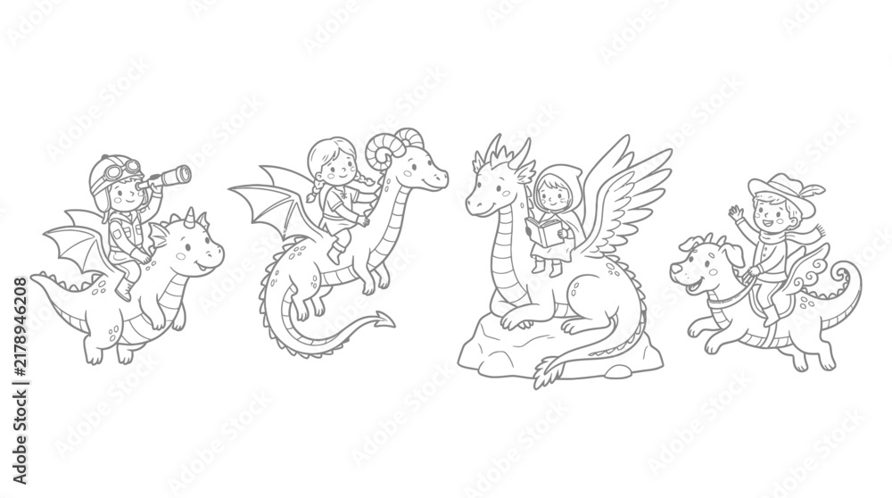 Obraz premium Wholesome children's fantasy illustration featuring fictional young adventurers riding friendly mythical dragons in playful storybook scenes