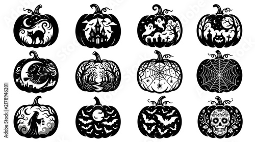 Collection of decorative pumpkin silhouettes featuring original Halloween scenes