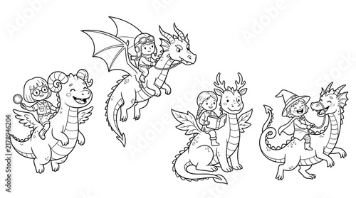 Wholesome children's fantasy illustration featuring fictional young adventurers riding friendly mythical dragons in playful storybook scenes