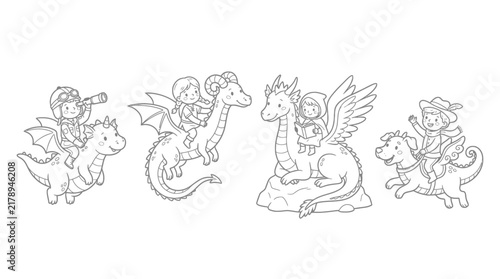 Wholesome children's fantasy illustration featuring fictional young adventurers riding friendly mythical dragons in playful storybook scenes
