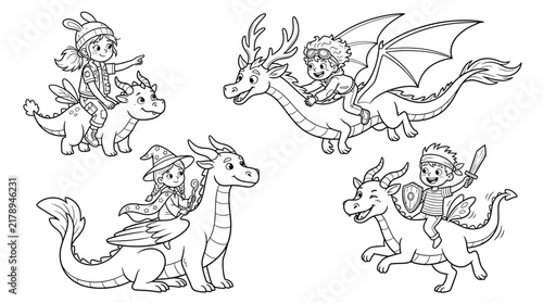 Wholesome children's fantasy illustration featuring fictional young adventurers riding friendly mythical dragons in playful storybook scenes