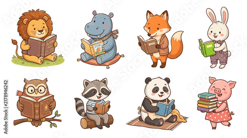 Adorable woodland animals reading books in a colorful educational cartoon illustration representing literacy