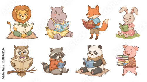 Adorable woodland animals reading books in a colorful educational cartoon illustration representing literacy