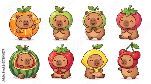 Adorable capybara characters wearing playful fruit-inspired costumes