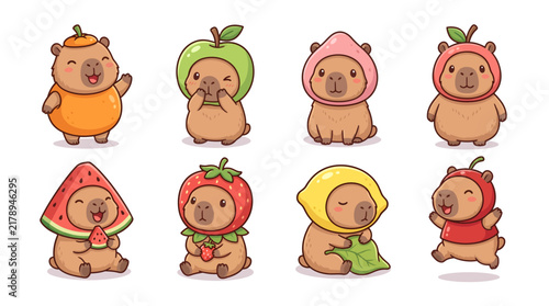 Adorable capybara characters wearing playful fruit-inspired costumes