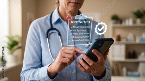 Digital Health Record: A doctor wearing a stethoscope uses a smartphone with a holographic interface displaying patient notes and medical icons, representing modern healthcare technology.
