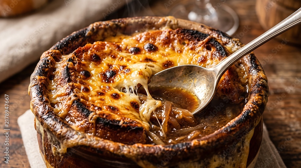 Fototapeta premium Classic French Onion Soup with Melted Gruyere Cheese and Crouton