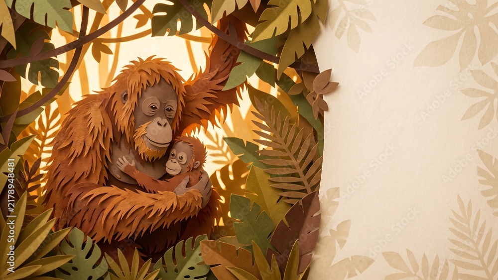 Obraz premium Paper-cut art style depicting an orangutan mother with her baby in a lush jungle, highlighting wildlife sustainability and nature conservation.