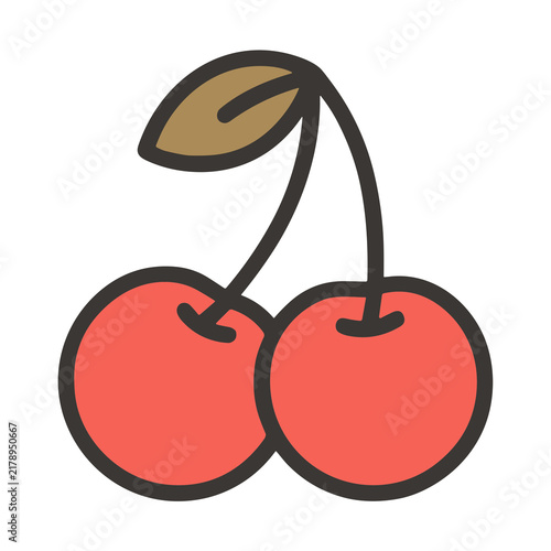 Two red cherries with a leaf and stems