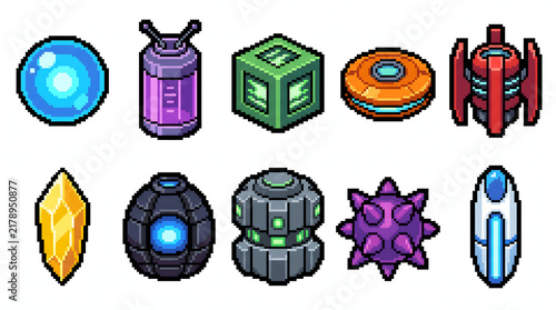 Futuristic pixel art game assets collection featuring energy orbs crystals and sci-fi capsules