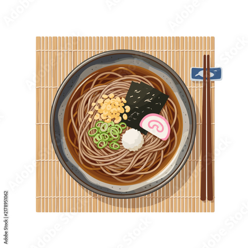 Japanese Soba Noodle Soup with Seaweed, Green Onion and Narutomaki