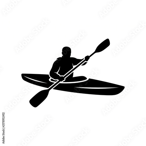 Man Paddling Kayak with Double-Bladed Paddle, Black Silhouette Vector Illustration of Kayaking, Water Sports, and Outdoor Adventure