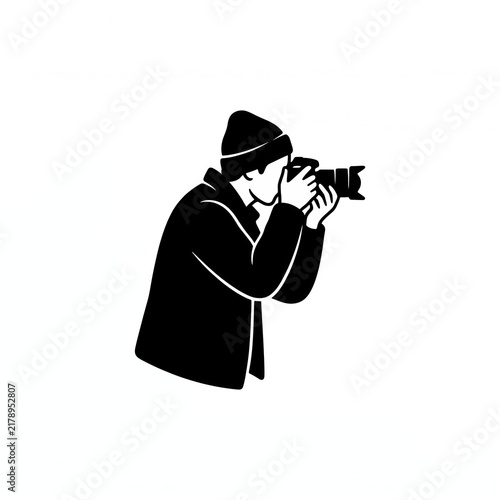 Photographer Taking Picture with DSLR Camera Wearing Beanie, Black Silhouette Vector Illustration of Photography, Journalist, and Travel