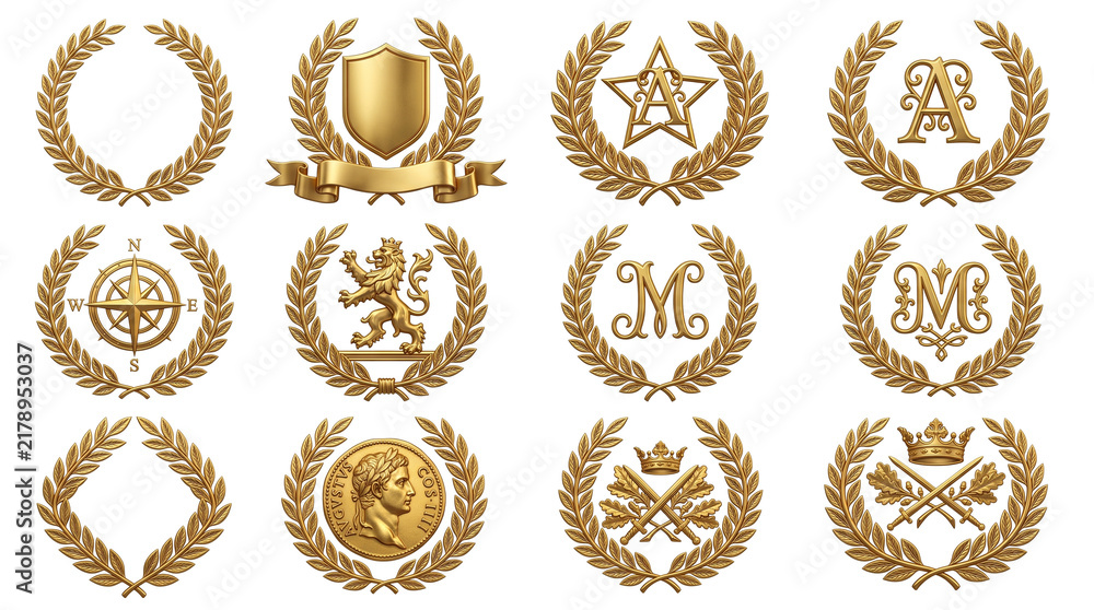 Fototapeta premium Golden laurel wreath collection, 12 luxury heraldic crests and emblems, metallic trophy awards for premium branding and certificates