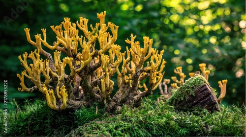 Yellow Ramaria coral mushroom cluster on mossy forest floor, dew on branching tips, small mossy log, woodland fungi subject.