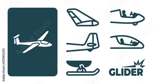 Minimal monochrome dark teal glider icon set featuring wing, cockpit, tail, canopy, and skid. Flat vector SVG style on white background with bold glider text and soar burst.