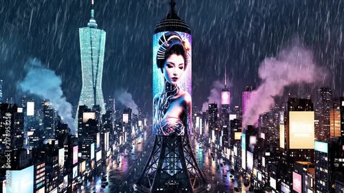 Futuristic city skyline at night in heavy rain