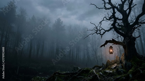Misty forest with lantern light copy space for Halloween 