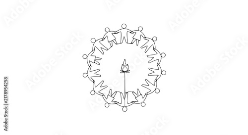 Circle of people holding hands around a campfire, isolated on transparent background
