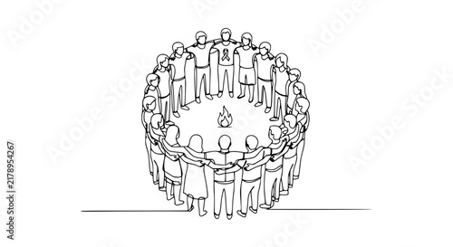 Group of People in Circle Around Campfire, Unity and Community Concept, Line Art