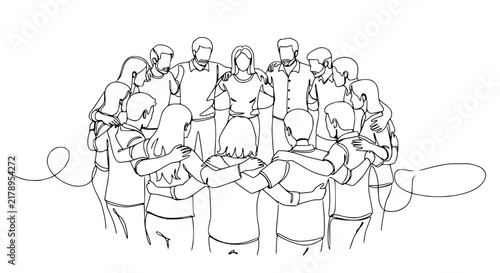 Diverse Group Hugging Circle - Unity and Connection, Line Art Isolated