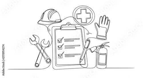 Workplace Safety Checklist, Hard Hat, Fire Extinguisher, Tools, Gloves, First Aid Icon