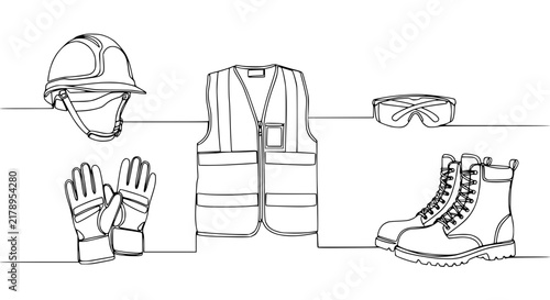 Construction Safety Gear Set: Hard Hat, Gloves, Vest, Goggles, Boots - Isolated
