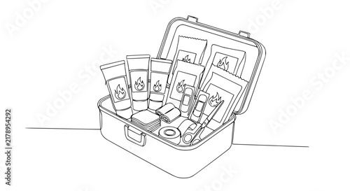 First Aid Kit Open, Medical Supplies, Emergency Healthcare, Isolated Line Art