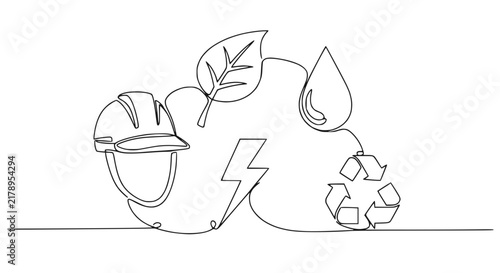 Sustainable Energy Concept: Hard Hat, Leaf, Water Drop, Lightning, Recycle Symbol