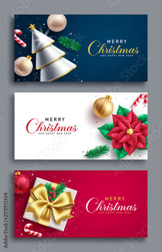 Merry Christmas and Happy New year banner set clipart design. Elegant Christmas greeting card template clip art in blue, white and red background with Christmas tree, gift box, poinsettia flower