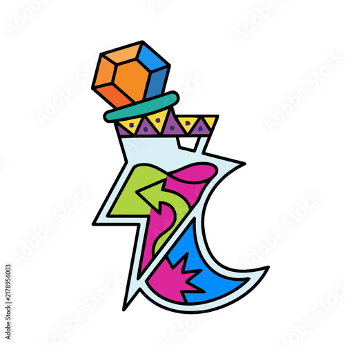 Colorful 3D question mark with top hat and geometric shapes for creative problem solving concept