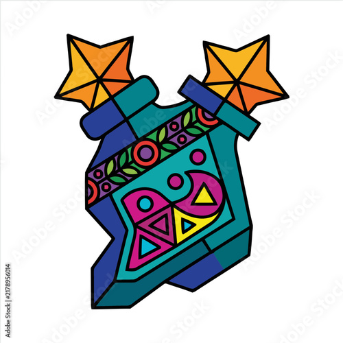 Colorful geometric shield emblem with stars and retro 80s style design elements for branding