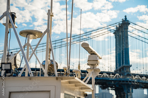 Canvastavla Navigation radar equipment on boat near Manhattan Bridge in New York