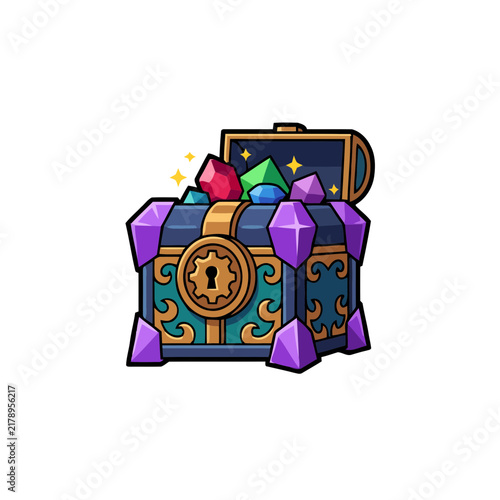 Vibrant treasure chest overflowing with colorful gemstones and golden key in fantasy style