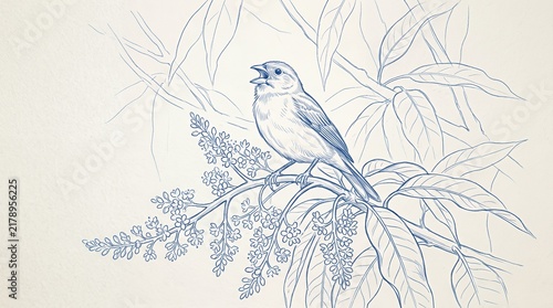 Blue line art illustration of bird on branch.